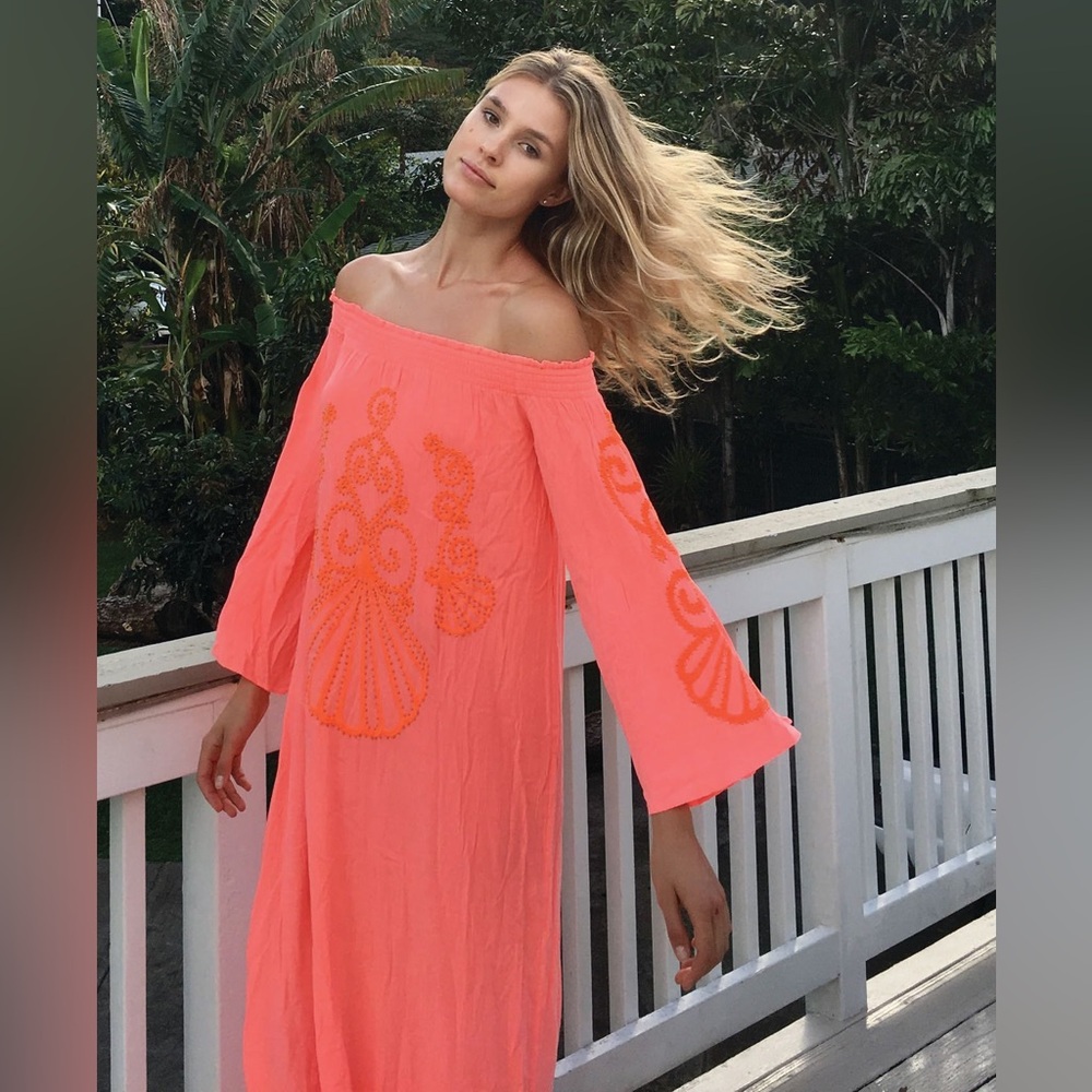 Pulitzer Nita Maxi Dress Off The Shoulder Guava Melon Beads